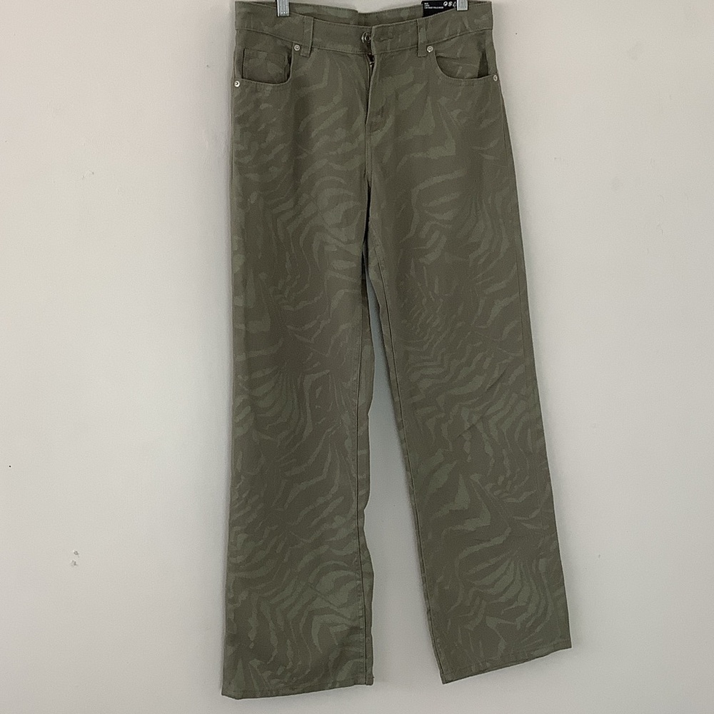 Divided Olive Zebra Print Wide-Leg Cotton Pant Pockets Whimsical Fairy Bohemian